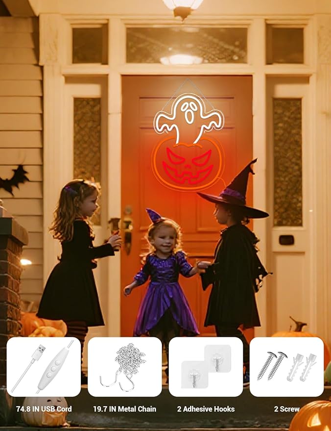 Ghost Pumpkin Halloween Window Lights Neon Signs for Indoor Wall Decor, Halloween LED Neon Light Decoration Sign for Party Doors Window (Ghost Pumpkin)