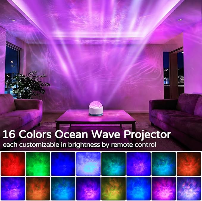 Ocean Wave Projector Light, Rechargeable 16 Color Ocean Lamp Ambient Lighting Night Light Projector Mood Lighting with Dimmable & Remote Control for Bedroom Kids Teen Girl Gift Room Decor