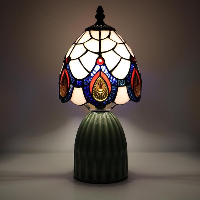 Tiffany Lamp Stained Glass Mushroom Table Lamps 6X6X12.5 Inch Pink Peacock Tail Style Small Night Light Ceramic Base Mini Accent Desk Light Suitable for Bedside Table Bedroom Children Room