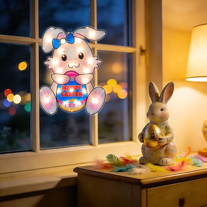 17" 20LED Lighted Bunny Easter Decor, Soft Warm Glow for Window, 120V Plug-in, UL Certified, Pretty Gift Box Packed