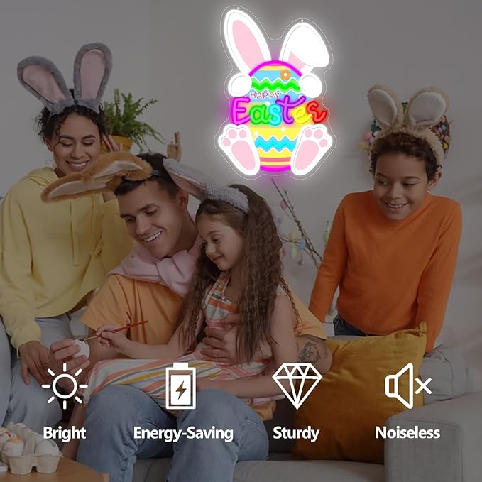 Easter Neon Sign Easter Bunny Egg Led Sign Dimmable Happy Easter Window Lights Printed Cute Bunny Light Up Signs Easters Gifts for Kids Teens Girls
