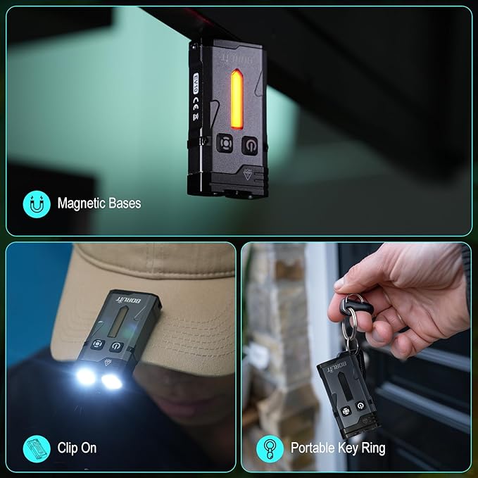 BORUIT EV10 EDC Keychain Flashlight Super Bright USB-C Rechargeable - 15 Modes Small Multifunctional Flashlights with Clip Magnetic Ambient and Warning LED Lights, Aluminum Black