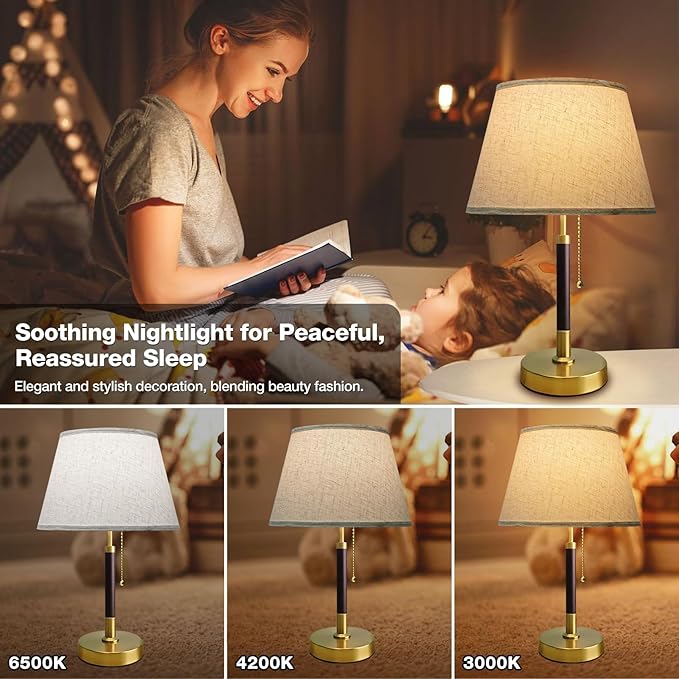 QUIGO Bedside Table Lamp for Bedroom Living Room,3 Color Temperature,Bedside Lamps for Nightstand with Linen Lampshade,Solid Wood & Brass,Modern End Table Lamp,Led Side Table Desk Lamp Vintage BW03T