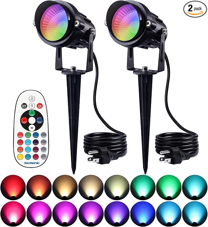 SUNVIE Christmas Spot Lights Outdoor 12W RGB LED Color Changing Landscape Lights with Remote Control 120V Landscape Lighting Waterproof Outdoor Spotlight for Yard Garden Patio Lawn Decorative, 2 Pack