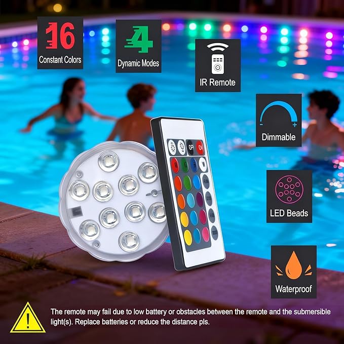 POLENTAT Submersible LED Lights with Remote, 16 Colors 4 Modes Battery Powered Waterproof LED Pool Lights for Inground Pool Above Ground Pool Bathtub Decoration (4 Packs)