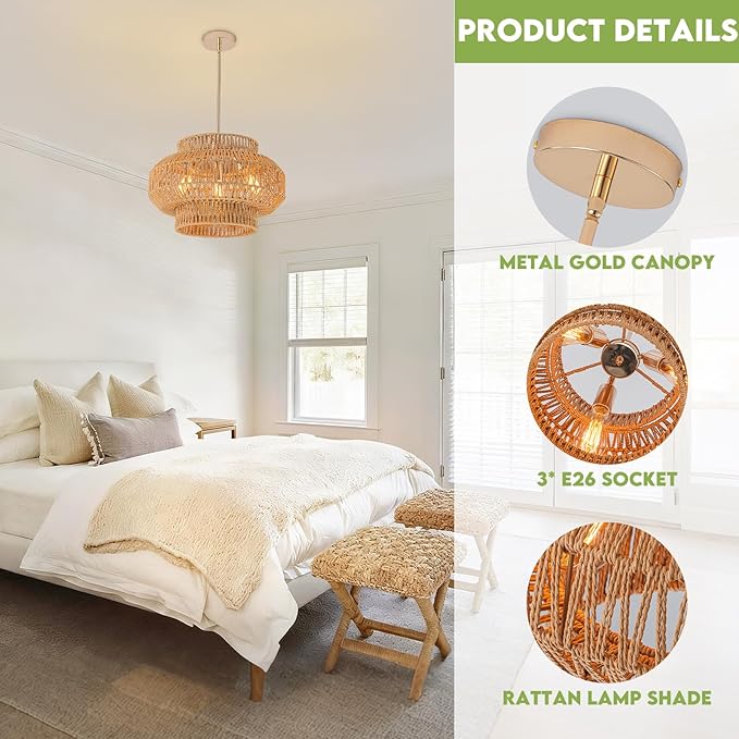 17.7'' Rattan Pendant Light,3-Light Boho Chandelier,Dinning Lighting Fixture Hand Woven Shade Boho Hanging Light Wicker Chandelier for Bedroom Kitchen Island Farmhouse Living Room Light Fixture