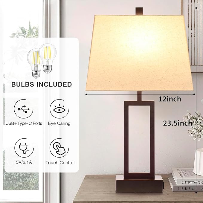 23.5" Touch Control Table Lamps, Metal Bedside Lamp for Bedroom Set of 2 with USB A+C Ports & AC Outlet, 3-Way Dimmable Nightstand Lamp for Living Room (LED Bulb Included)
