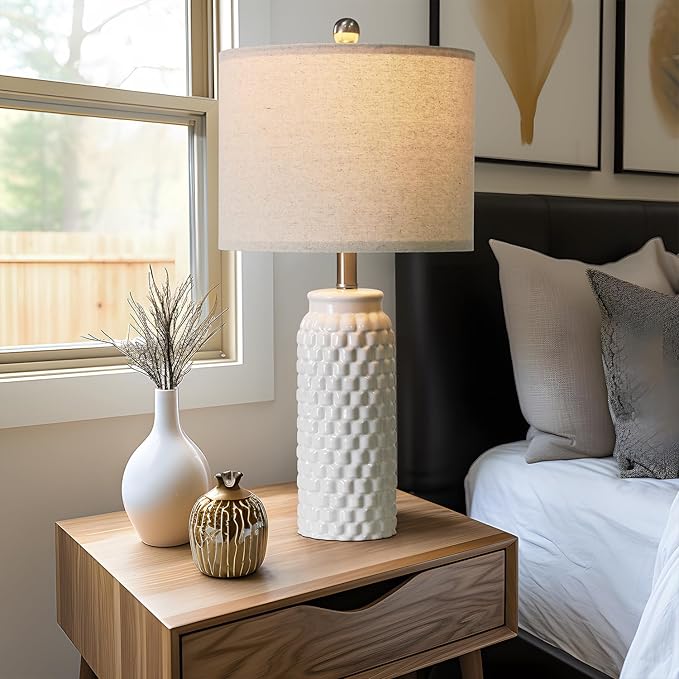 24" Modern Ceramic White Bedside Lamp Set of 2 Table Lamp for Bedroom Decor Farmhouse Table Lamp for Living Room Office Dorm