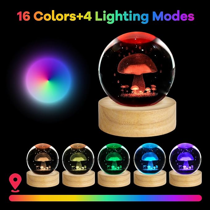 3D Mushroom Crystal Ball Night Light 2.4in Mushroom Figurines Decor Table Lamp with 16 Colors Change Mushroom Stuff for Room Birthday Christmas Mushroom Gifts for Women Friends Kids