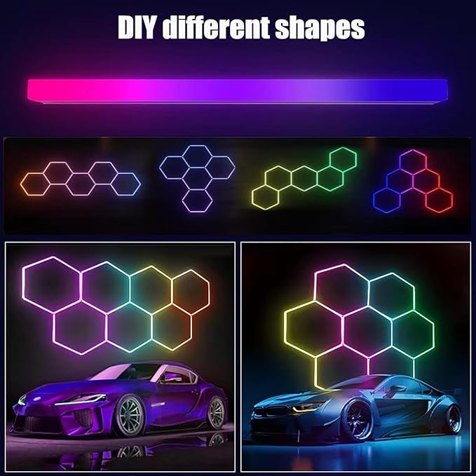 25Pack RGB Hexagon led Garage Lights,5 Hexagon Light with Multi Color,Dimmable&Speed Adjustable RGB Hex Wall Lights,DIY Design for Remote Control & Smart App Control Music Modes