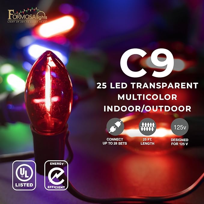 C9 26ft Indoor/Outdoor Transparent Multicolor LED Christmas String Lights with 25 Bulbs and E17 Base | 120V, 0.6W