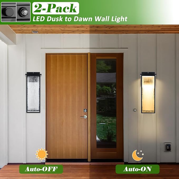 20" Extra Large Dusk to Dawn LED Outdoor Light 2 Packs, Black Modern Exterior Lighting Fixtures, Outside Porch Lights Wall Mount, Mid-Century Wall Lantern with Rippled Glass Patio Sconce Lamp