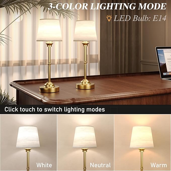 2 Pack Cordless Table Lamps, 3 Colors Stepless Dimming Fabric Desk Lamp, 6000mAh Rechargeable Battery LED Desk Lamp, Touch Night Light for Bedroom, Dining, Desk, Cafe