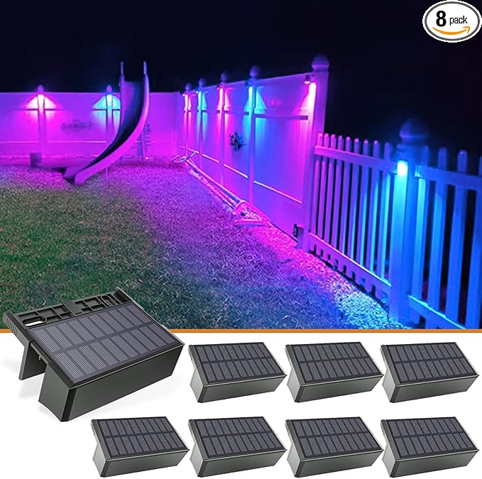 VOLISUN 8-Pack 1800mAh Outdoor Solar Fence Lights - Waterproof LED Color Glow for Step, Railing, Wall, Stairs