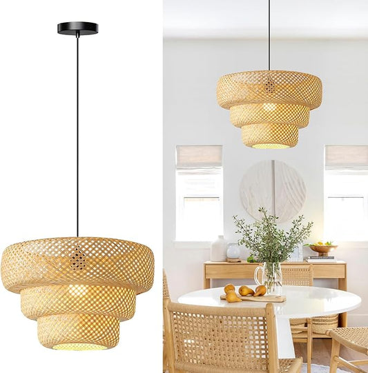 18inch Bamboo Rattan Pendant Light, 3-Layer Hand-Woven Wicker Boho Hanging Ceiling Light Fixture, Beige Rustic Farmhouse Chandelier Lamp for Kitchen Island, Dining Room, Bedroom, Living Room
