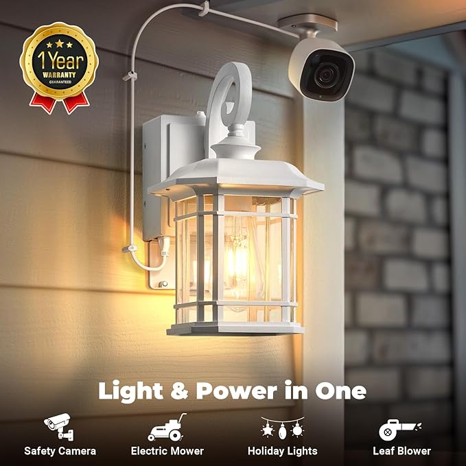 White Porch Light with GFCI Outlet, Dusk to Dawn Outdoor Light Fixture with Seeded Glass, Anti-Rust Waterproof Exterior Lighting Fixtures for Proch, Front Door, Yard, Patio