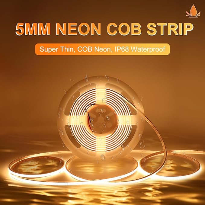 IP68 Waterproof Neon COB LED Strip Light, 16.4ft 12V Ultra-Thin 5mm 3000K LED Tape Light CRI>90 400LEDs/m for Home Cabinet Bathroom Outdoor Pool Decoration (Without Power Supply)