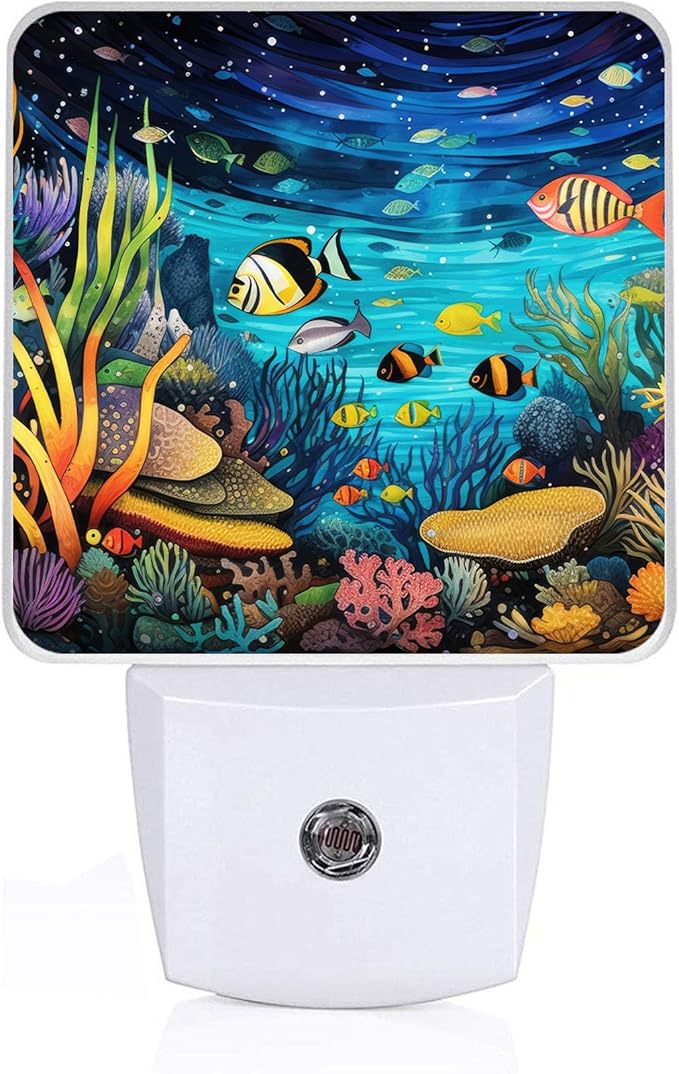 Underwater World Fish Night Light, Plug-into Wall Sea Ocean Animals Nightlight Lamp with Dusk to Dawn Sensor, Led Lamp 0.5W Energy Efficient for Boys Girls Adults Home Decor