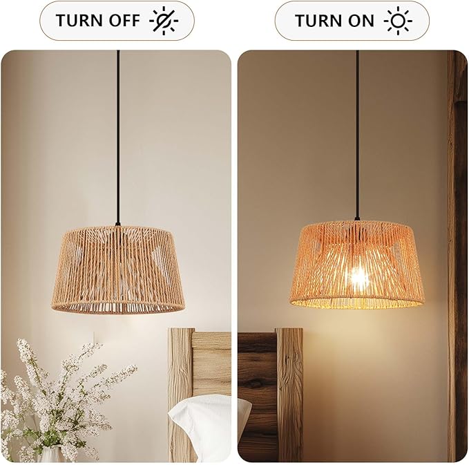 Rattan Pendant Light,boho hanging light Fixture Kitchen Island,Handwoven wicker Flush Mount ceiling light fixtures,Coastal Natural rattan chandelier for dining room Bedroom Living Room Hallway