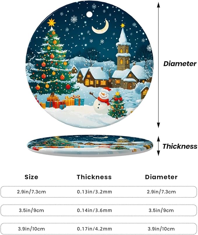 Merry Christmas Snow Tree Snow Scene Christmas Ornaments, Christmas Decorations Xmas Tree Hanging Ornaments, Round Ceramic Festive Keepsake Gift for Xmas Decorations Holiday Home Decor