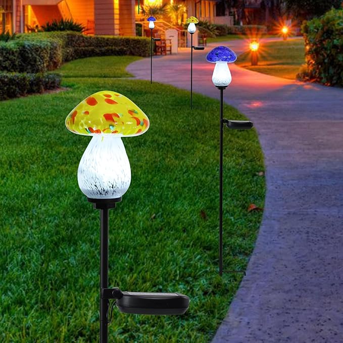 Bshine Mushroom Solar Outdoor Lights, 2 Pack Mushroom Lamp Handmade Blown Glass Waterproof Metal Stakes Decoration Garden, Outdoor Yard Art Decoration Pathway, Lawn Ornaments, Gift for Mom