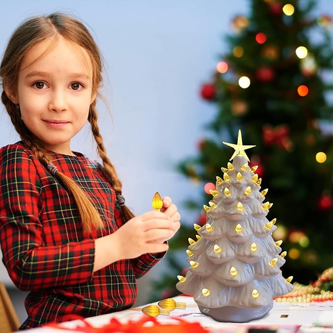 Ceramic Christmas Tree Replacement Lights Bulbs, Golden Yellow Medium Twist Plastics Pegs Ornaments for Ceramic Tree(87 Bulbs＆ 3 Topper Star)