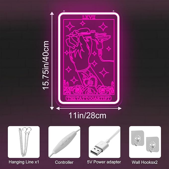The Tattoo Artist Neon Sign – 15.75″ × 11″ Tattoo Tarot Card Wall Decor – Gift for Tattoo Artist – Tattoo Shop Wall Art – Bold Tattoo Studio Decor