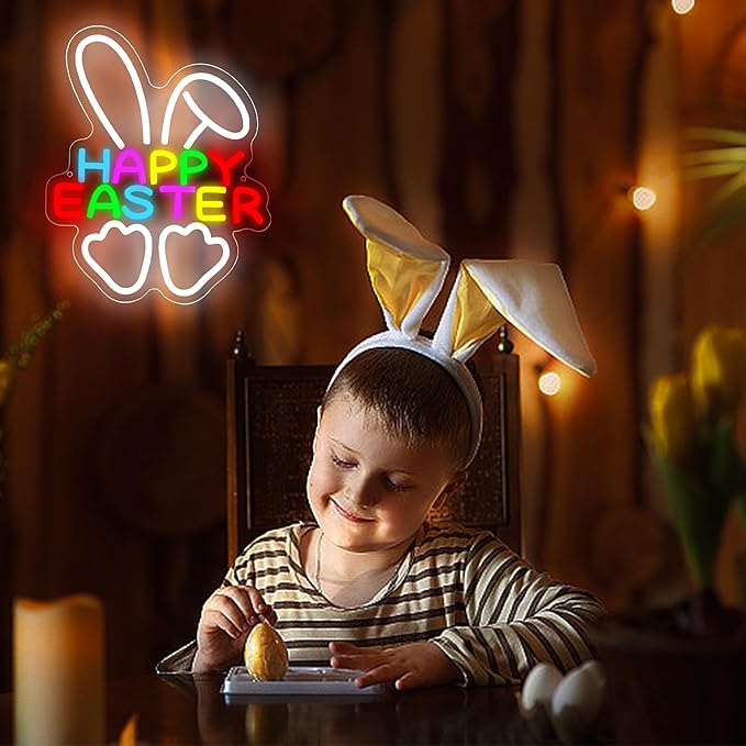 Happy Easter Neon Sign for Wall Decor Easter Bunny Neon Light for Man Cave Kids Bedroom Rabbit LED Light for Birthday Spring Festival Decoration for Nursery Girls Bedroom Size13.8 * 11.2 Inch(P038)