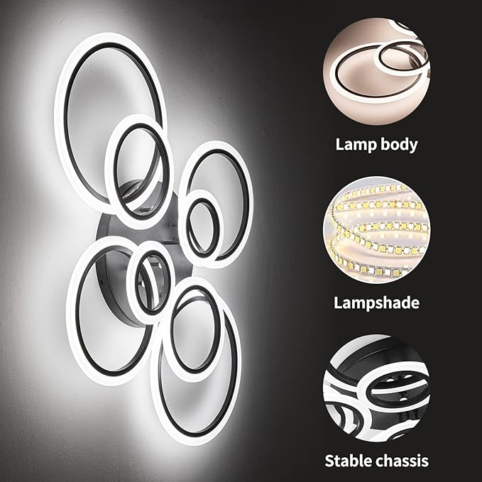 Modern Ceiling Light, 41.3'' Dimmable LED Black Flush Mount Ceiling Lights with Remote Acrylic Round Ceiling Lamp Fixture for Low Ceiling Bedroom Living Room Dining Room, 108W