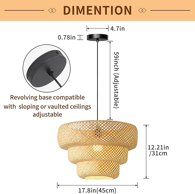18inch Bamboo Rattan Pendant Light, 3-Layer Hand-Woven Wicker Boho Hanging Ceiling Light Fixture, Beige Rustic Farmhouse Chandelier Lamp for Kitchen Island, Dining Room, Bedroom, Living Room