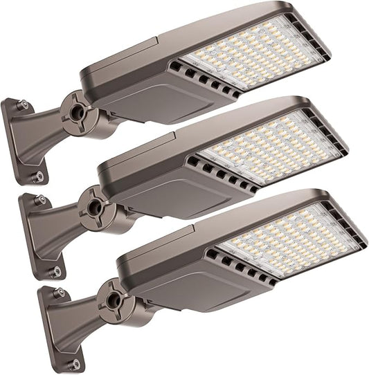 YXL LED Parking Lot Shoebox Lights with Dusk to Dawn Sensor, 21000LM 5000K Daylight, Arm Mount, IP65 Waterproof, Area Lights for Parking Lot & Stadium, 3-Pack