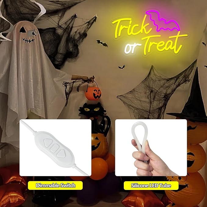 Trick or Treat Neon Sign,Halloween Neon Light,Halloween Bat LED Light for Wall Decor, Dimmable Halloween Party Decorations Light Up Sign for Home Bedroom Bar Garden Porch Coffee Store
