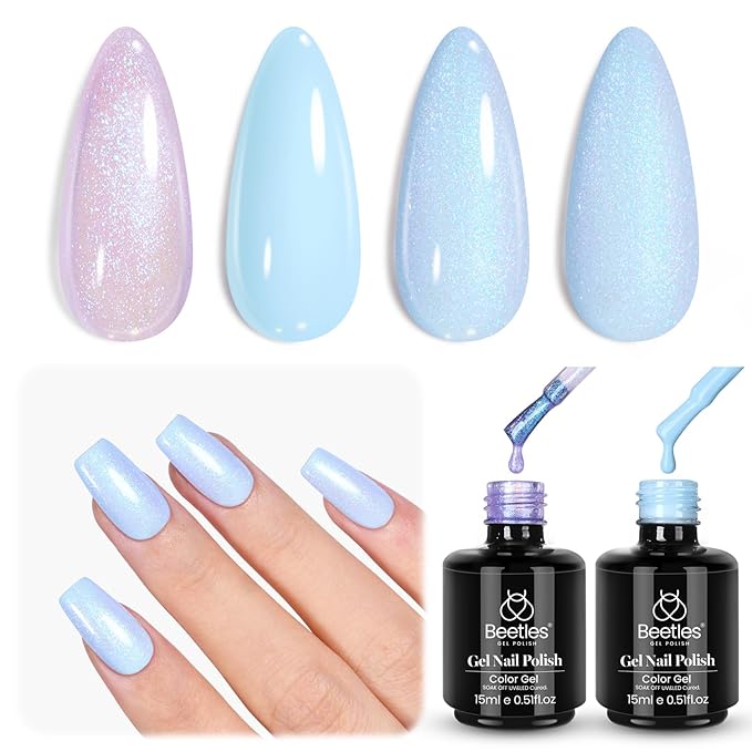 Beetles Gel Nail Polish Set - 2 Colors 15ml Baby Blue Sheer Glitter Purple Soak Off UV Light Blue Gel Polish Set Ethereal Dreams Nail Art Kit DIY Home