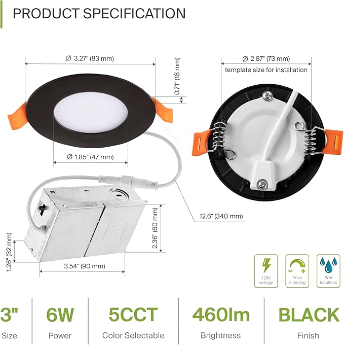 ASD 6 Pack 3 Inch LED Recessed Light 6W, 5 CCT 2700K-5000K CRI90+, IC Rated Ultra Thin Dimmable Ceiling Lights with J Box, Canless Wafer Downlight, Round Slim Panel Lighting, UL Energy Star, Black