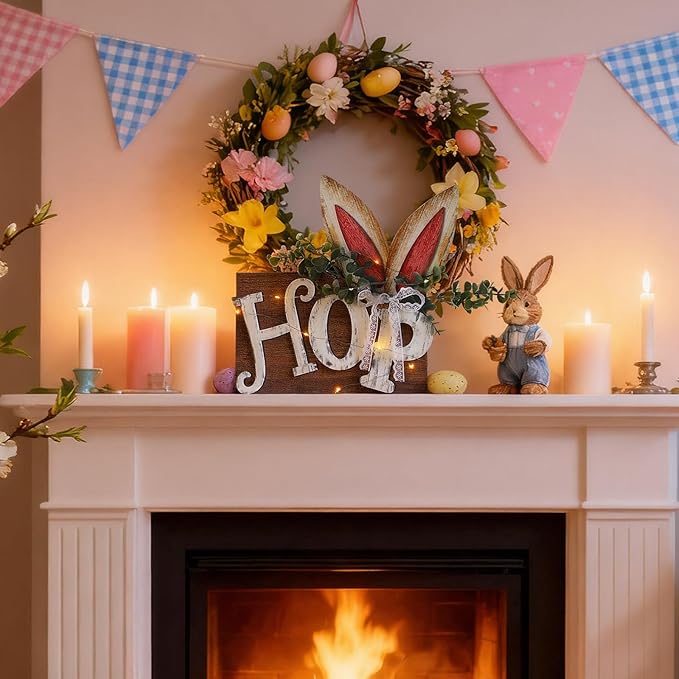 Leinuosen Easter Table Decoration Wooden Sign with LED Lights, Easter Lighted Decor Rustic Farmhouse Table Centerpiece with 3D LED Bunny Ears for Tiered Tray Home Spring Party Decor
