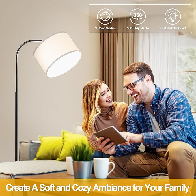 Arc Floor Lamps for Living Room with 3 Color Temperatures, Modern Floor Lamp Reading Light with 9W Bulb Included, Standing Lamp with Adjustable White Hanging ‎Lampshade for Bedroom Office(Black)