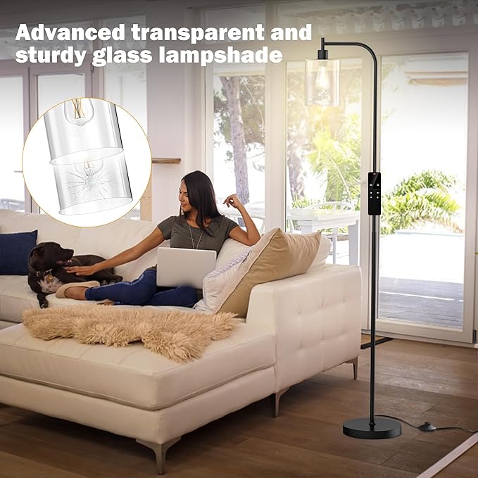 Industrial Floor Lamp with Glass Shade, Modern Dimmable Floor lamp with Remote LED Bulbs, Tall Lamp for Living Room Corner, Bedroom, Office (Black)