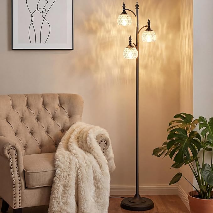 Glass Floor Lamp 66.5in Black Standing Lamps for Living Room with 3 Brightness Lights Vintage Retro Corner Lamp for Bedroom Office(3LED Bulbs Included)