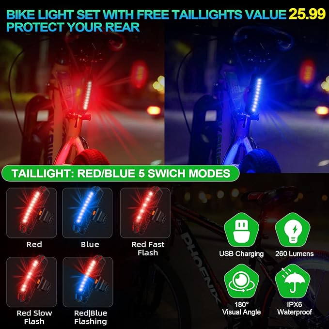 2026 Lumen Bike Lights,Super Bright 6 LED Rechargeable Bicycle Light,10 Mode Headlight Taillight,360°Rotatable Brackt,Aluminum Waterproof Light,Runtime 48+ hrs,Shockproof for Road,Mountain