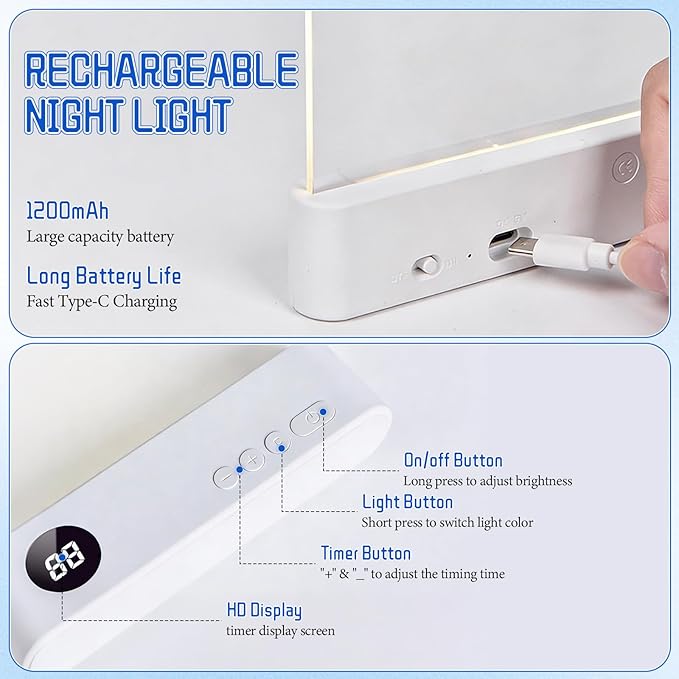 Flat Book Light, Rechargeable Clear LED Flat Reading Light with 3 Colors & Timer, Dimmable Panel Plate Book Lamp Full Page Light, Eye Protection, Book Lights for Reading at Night (Pink)