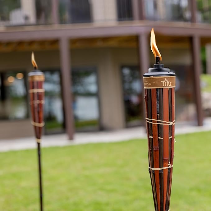 TIKI 60-Inch Bamboo Torches (4-Pack) – Natural Outdoor Torches with Easy Pour Canisters, Long-Lasting Fiberglass Wicks & Snuffers – Patio, Garden, Lawn & Backyard Decor – Walnut/Pecan Finish