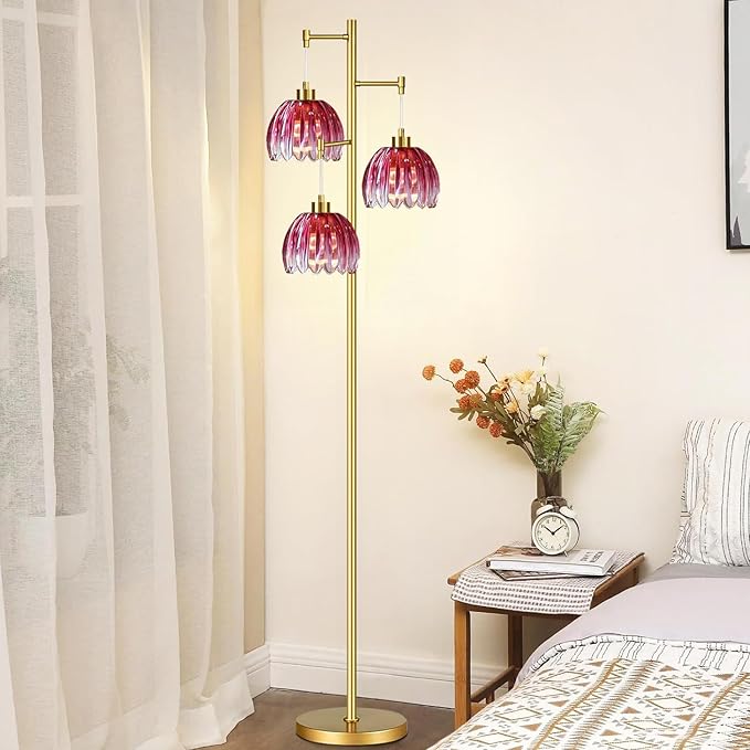 Pink Floor Lamp for Living Room,Bedroom,Gold Mid Century Modern Standing Lamp Brass Tree 3 Light Tall Floor Lamps Vintage Retro Floor Lights Glass Flower Lamp Shade Farmhouse Boho Bohemian