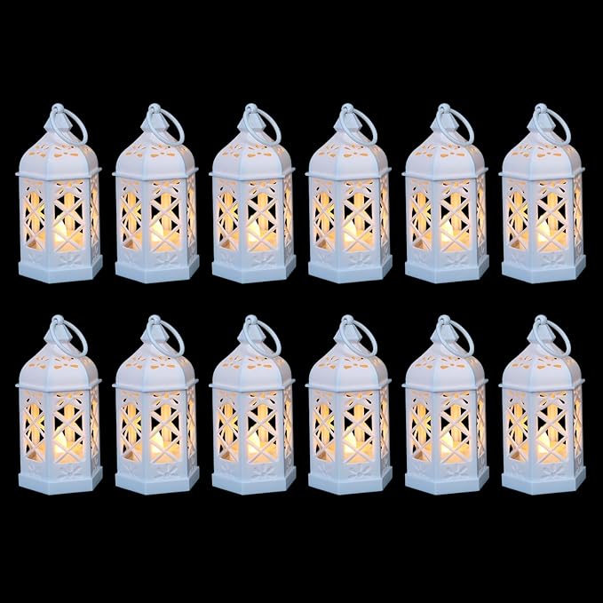 12-Pack Mini Moroccan Lanterns with LED Candle for Ramadan, Wedding, Festivals, Small Decorative Lanterns Shatterproof for Baby Shower & Table Centerpiece, Ornament, Party Decor, White