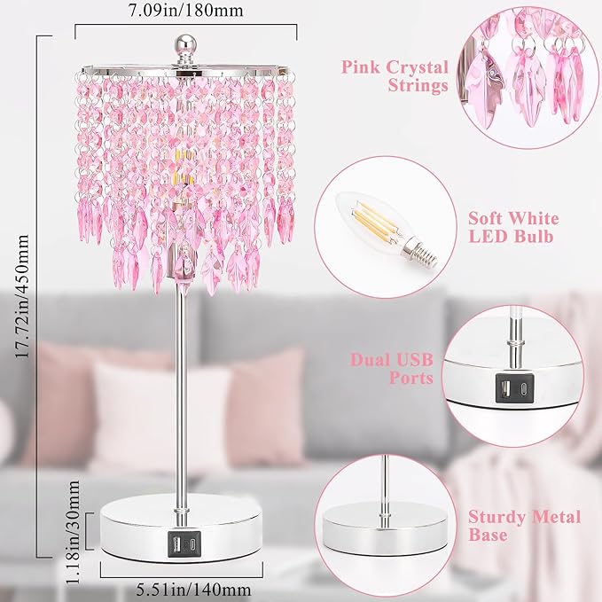 Boncoo Pink Crystal Lamps, Touch Control Crystal Table Lamp with Dual USB Charging Ports, 3 Way Dimmable Bedside Lamp Decorative Nightstand Lamp for Girls Bedroom, Living Room, B11 LED Bulb Included