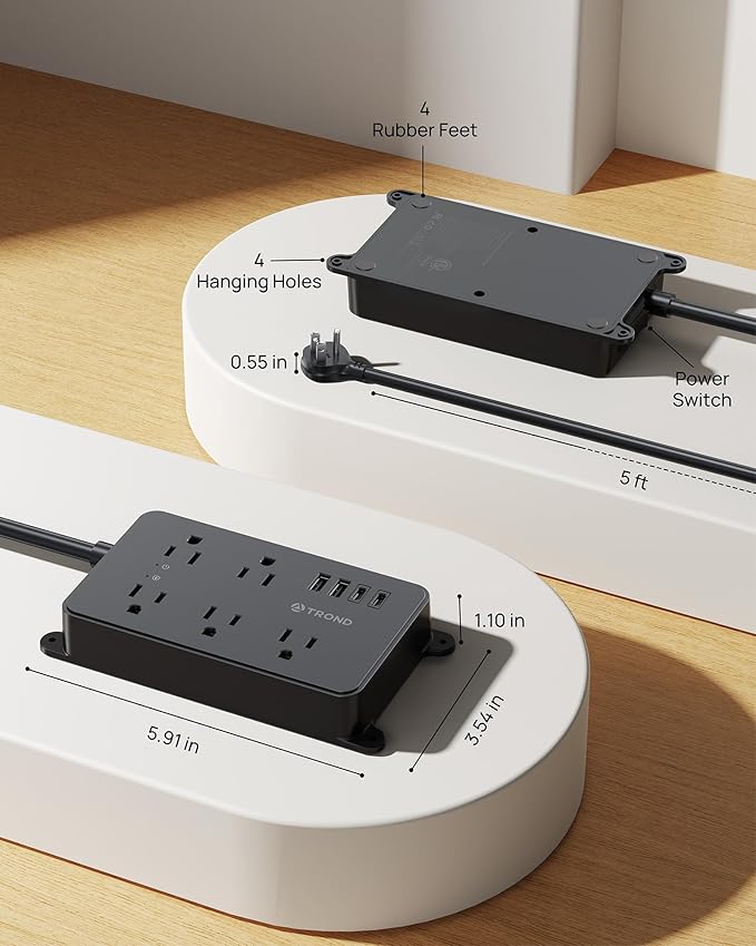 TROND Power Strip Surge Protector, 5 Widely-Spaced Outlets with 2 USB A and 2 USB C, ETL Listed, Wall Mountable, Flat Plug 5ft Extension Cord, 1300J, 14AWG Heavy Duty, for Office Kitchen, Black