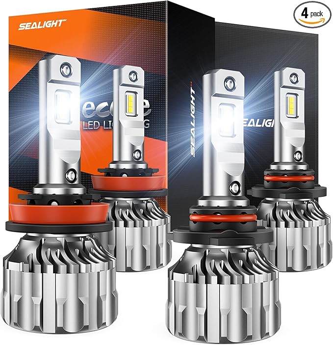 SEALIGHT H8/H9/H11 9005/HB3 Bulb Combo, 66,000LM Ultra-Bright 6500K 9005 H11 Bulbs with Cooling Fan, True Plug N Play, Non-polarity, Wider Vision Driving Fog Spot Light, Pack of 4