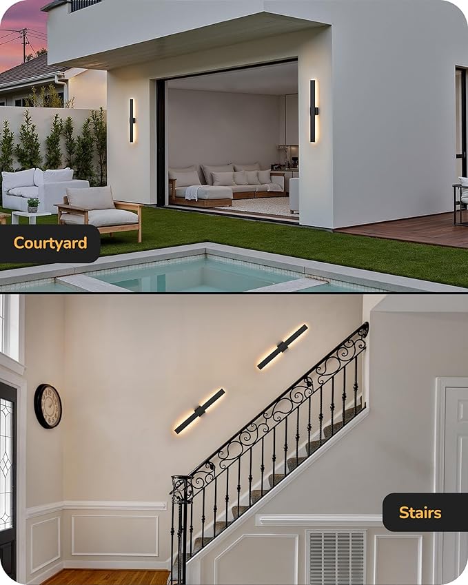 EDISHINE 31in LED Outdoor Wall Lights, 3CCT & 10%-100% Dimmable, IP65 Waterproof, Modern Exterior Lighting Fixtures, Long Exterior Wall Lights for Garage, Front Door, 2 Pack, Black