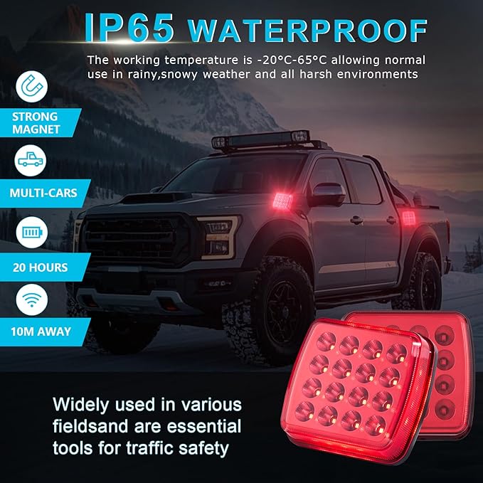 Wireless LED Road Flares for Emergency,Rechargeable Safety Flashing Lights for Vehicles,Portable Strobe Light Magnetic Emergency Strobe Light Kit for Truck(Red)