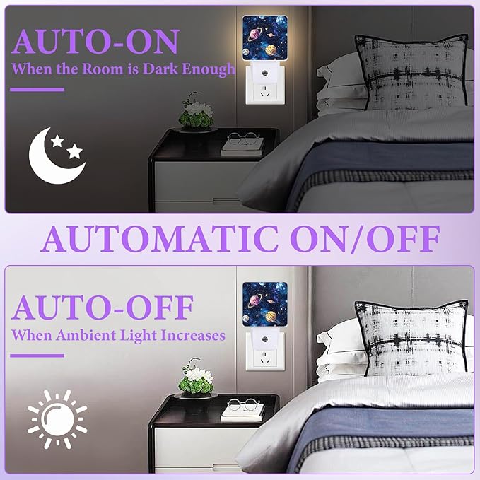 Space Planets Night Light,Solar System Plug-in Night Lights with Dusk-to-Dawn Sensor for Bedroom,Bathroom and Living Room Sleep Friendly lamp 0.5w