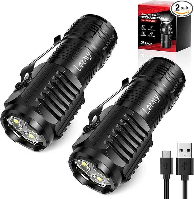 LETMY Rechargeable Mini Flashlights with Magnetic Base, 2 Pack Bright 3 LED Flash Lights, Small EDC Flashlight with Belt Clip, 4 Modes Portable Rechargeable Flashlights for Emergency Camping Home